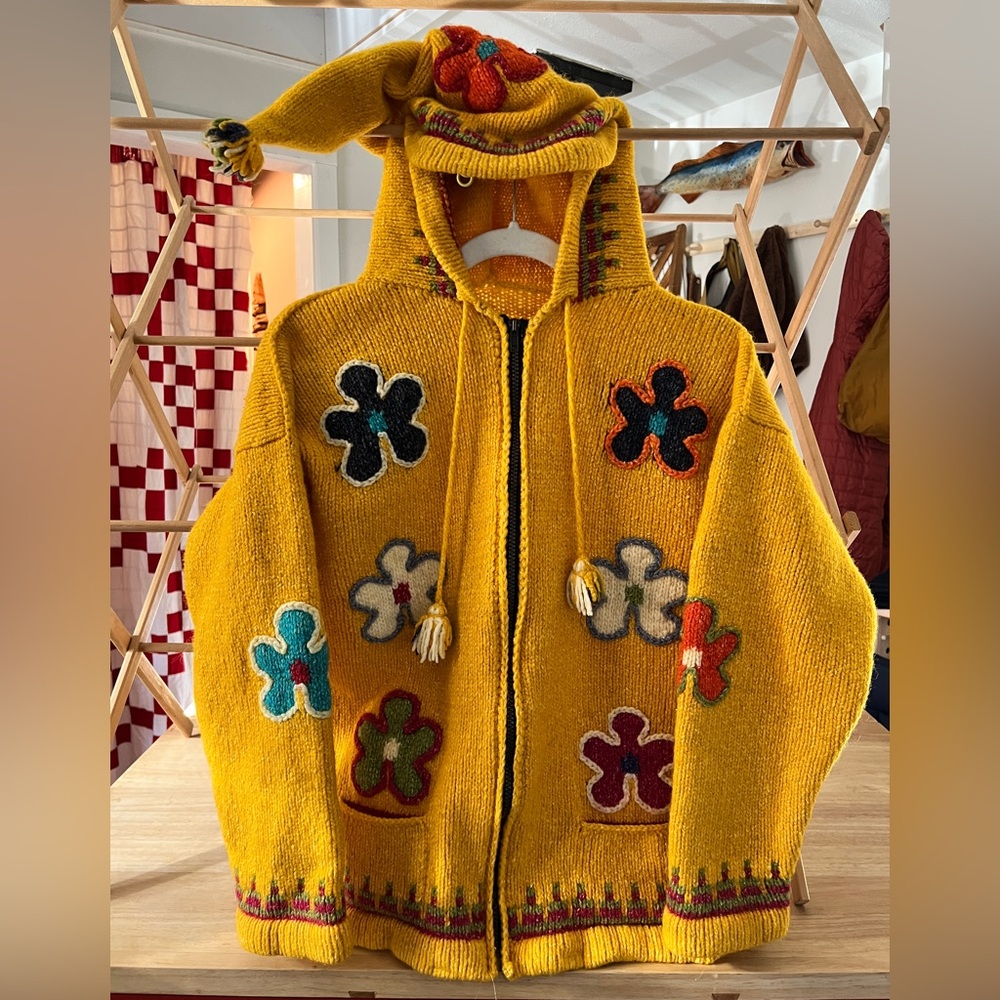 Vintage handmade Knit Flower Sweater with gnome hood